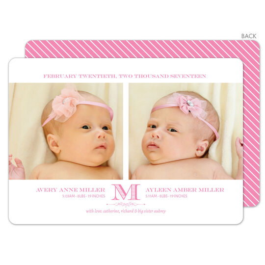 Pink Initial Twins Photo Birth Announcements